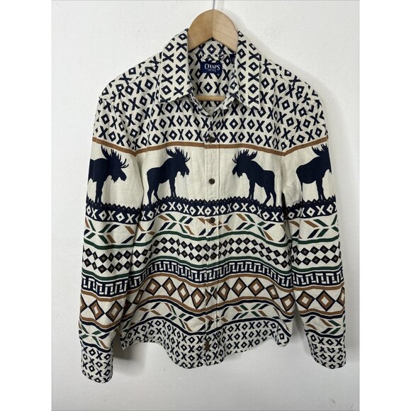 Chaps Men M Brushed Cotton Long Sleeve Chamois Shirt Moose Outdoors Southwestern - Picture 1 of 7